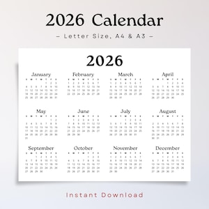 May include: A 2026 calendar with a white background, featuring the year 2026 in large, bold text. The calendar displays all 12 months with dates arranged in a grid format. The text "Instant Download" is at the bottom.