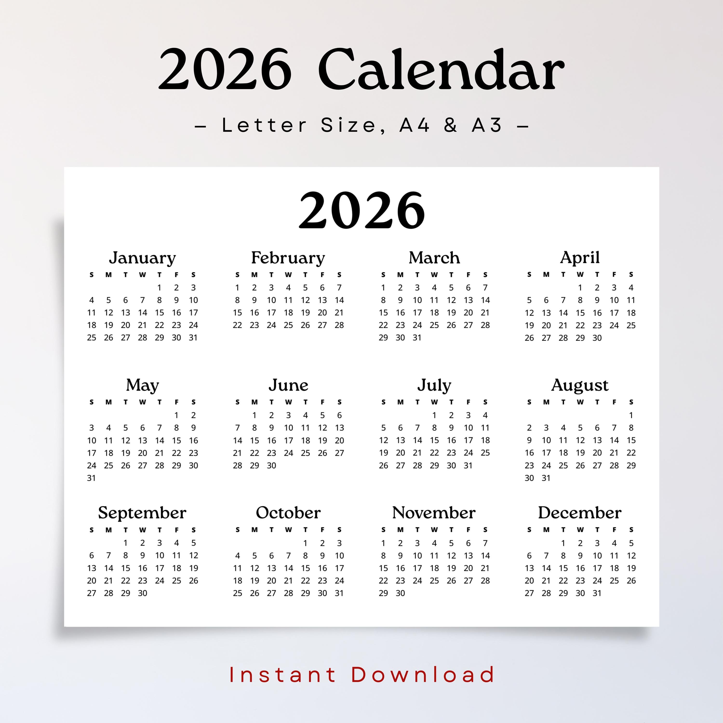 2026 Yearly Calendar Landscape 2026 Wall Calendar Printable PDF ...