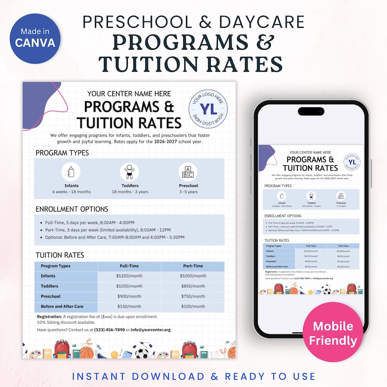 Daycare Programs & Tuition Rates Template Canva Editable Tuition Fees Info Sheet Childcare Price List Pre-K Pricing Info Mobile Friendly PDF