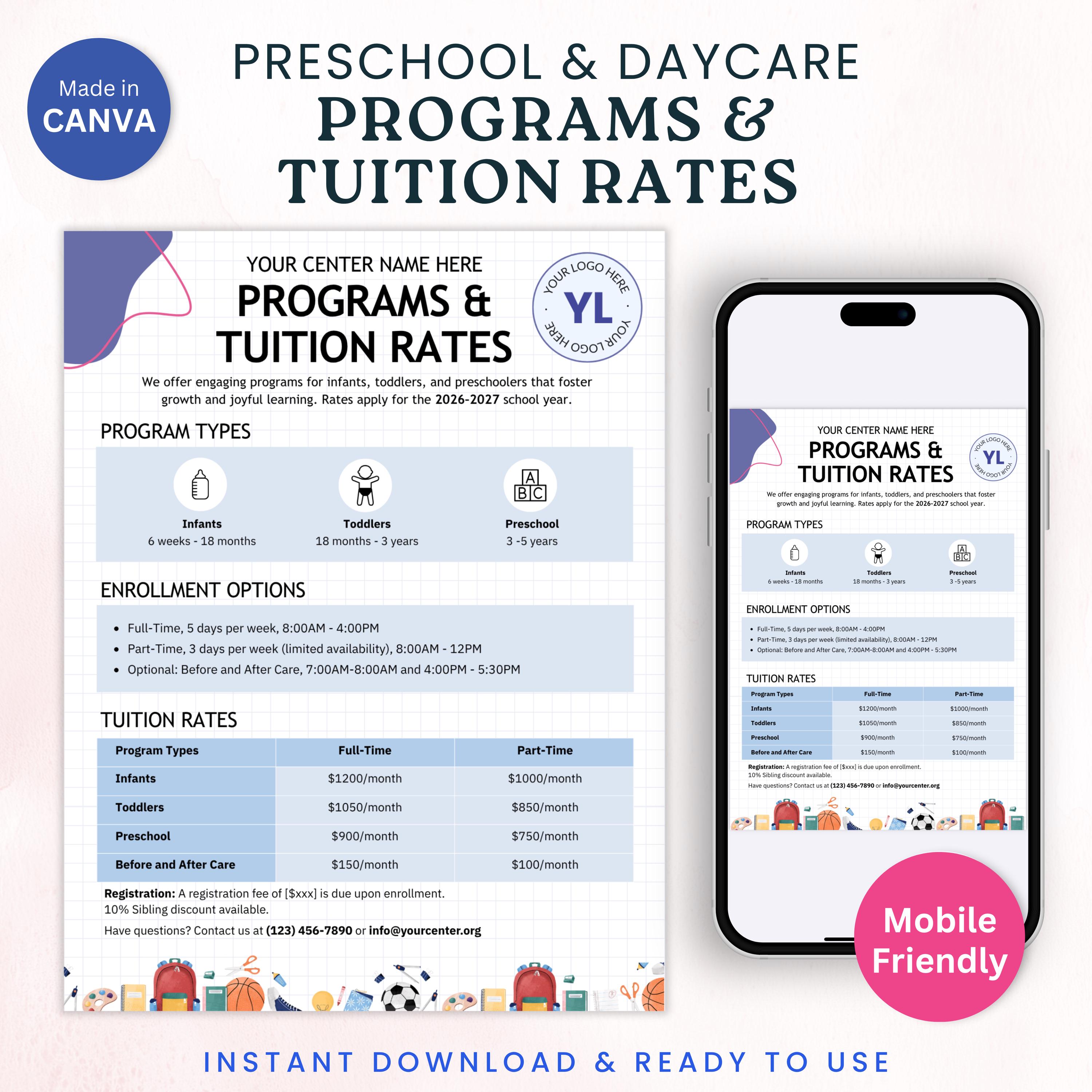 Daycare Programs & Tuition Rates Template Canva Editable Tuition Fees ...