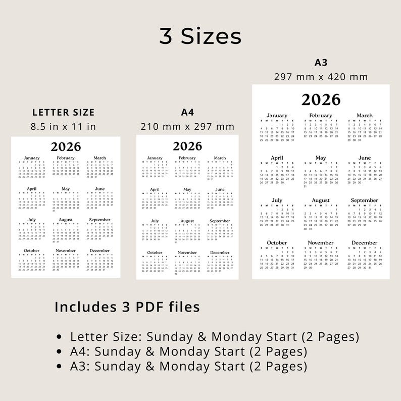 2026 Yearly Calendar 2026 Wall Calendar Planner Printable PDF Download