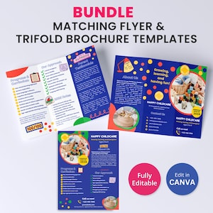 BUNDLE Ulotka i broszura w trójskładce Szablon Canva dla przedszkola, żłobka, marketingu opieki nad dziećmi, szkoły, edytowalna ulotka dla dzieci, przedszkola, broszura