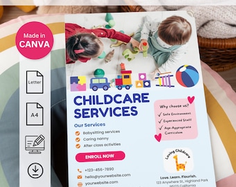 Folleto de guardería, plantilla de Canva, folleto de cuidado de niños, folleto de servicios de cuidado infantil, folleto educativo, preescolar, descarga digital editable