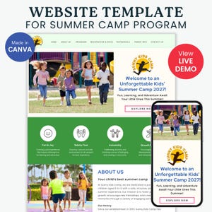 Pode incluir: Modelo de site para um programa de acampamento de verão. O modelo apresenta um design colorido com imagens de crianças brincando ao ar livre. O texto no site diz "Bem-vindo a um acampamento de verão inesquecível para crianças 2027!" e "Diversão, aprendizado e aventura esperam seus pequenos neste verão!"