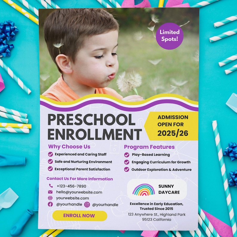 Preschool Flyer Template Daycare Enrollment Flyer Canva Template Pre-k ...
