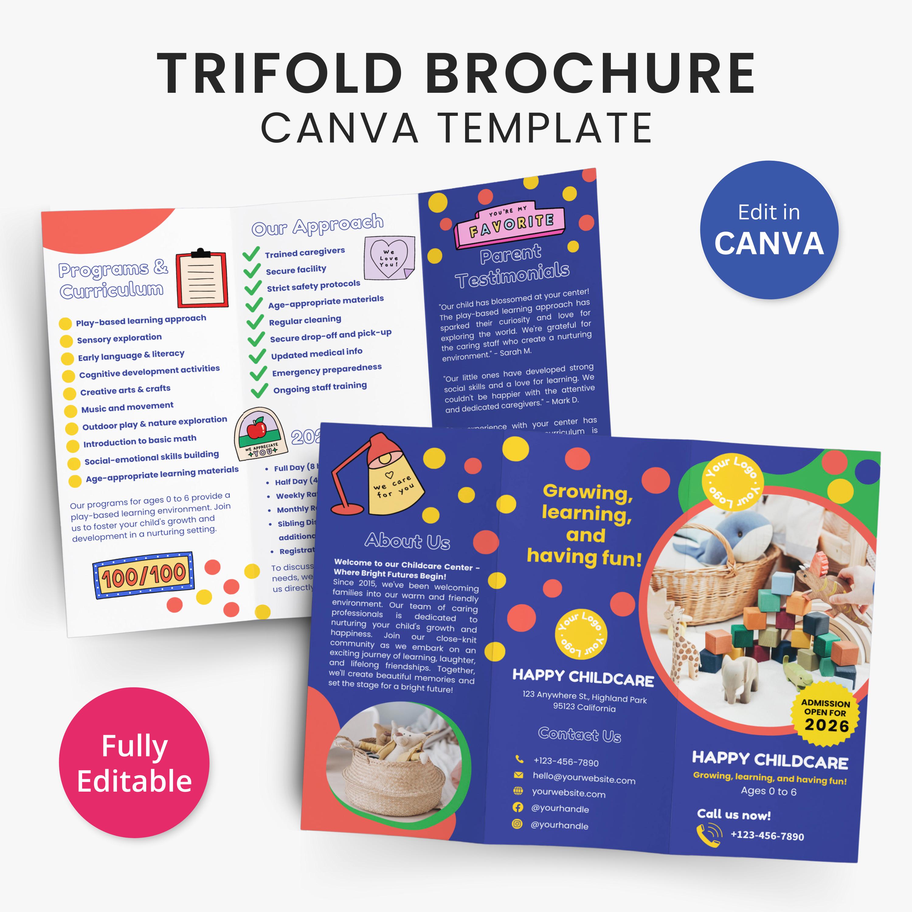 Editable Trifold Brochure for Childcare Center Canva Template Preschool ...