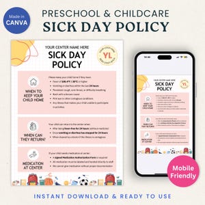 Sick Day Policy Canva Template Editable Daycare Sick Kid Policy Preschool Illness Guidelines Printable Parent Info Handout Mobile Sharing