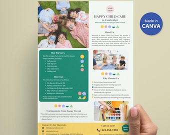 Child Care Flyer Template Daycare Leaflet Childcare Preschool Pamphlet Canva Template Early Education Promotion Kindergarten Marketing Flyer