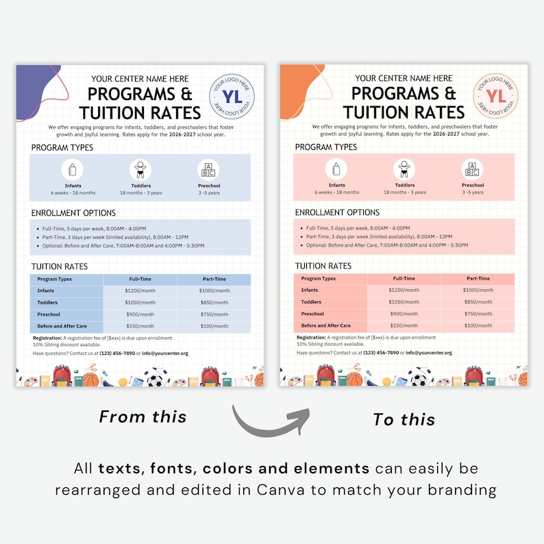 Daycare Programs & Tuition Rates Template Canva Editable Tuition Fees Info Sheet Childcare Price List Pre-K Pricing Info Mobile Friendly PDF