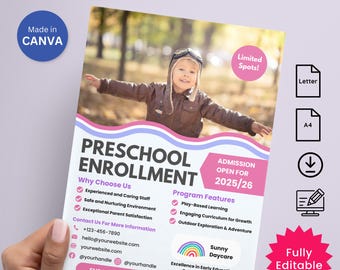 Preschool Flyer Template Daycare Admission Canva Template Editable Leaflet Childcare Early Education Registration Pre-K Enrollment Flyer