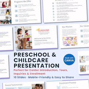 May include: A presentation titled "Preschool & Childcare Presentation" with the text "Welcome to Sunshine Preschool Center." The presentation includes information on programs, daily schedules, and enrollment. The presentation is designed for center introduction, tours, inquiries, and enrollment.