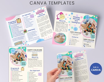 Modelo de folheto e brochura tríptica combinando para creche, pré-escola e promoção escolar. Folheto editável para jardim de infância. Design de panfleto para crianças.