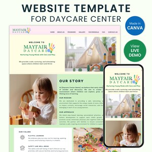Könnte beinhalten: Website-Vorlage für eine Kindertagesstätte mit einem gelben, rosa und grünen Farbschema. Die Vorlage enthält ein Logo mit dem Text "Mayfair Daycare" und dem Slogan "Nurturing Young Minds with Care and Play". Die Website enthält auch Abschnitte für "Unsere Geschichte", "Unsere Mission", "Unser Ansatz" und "Unsere Werte".