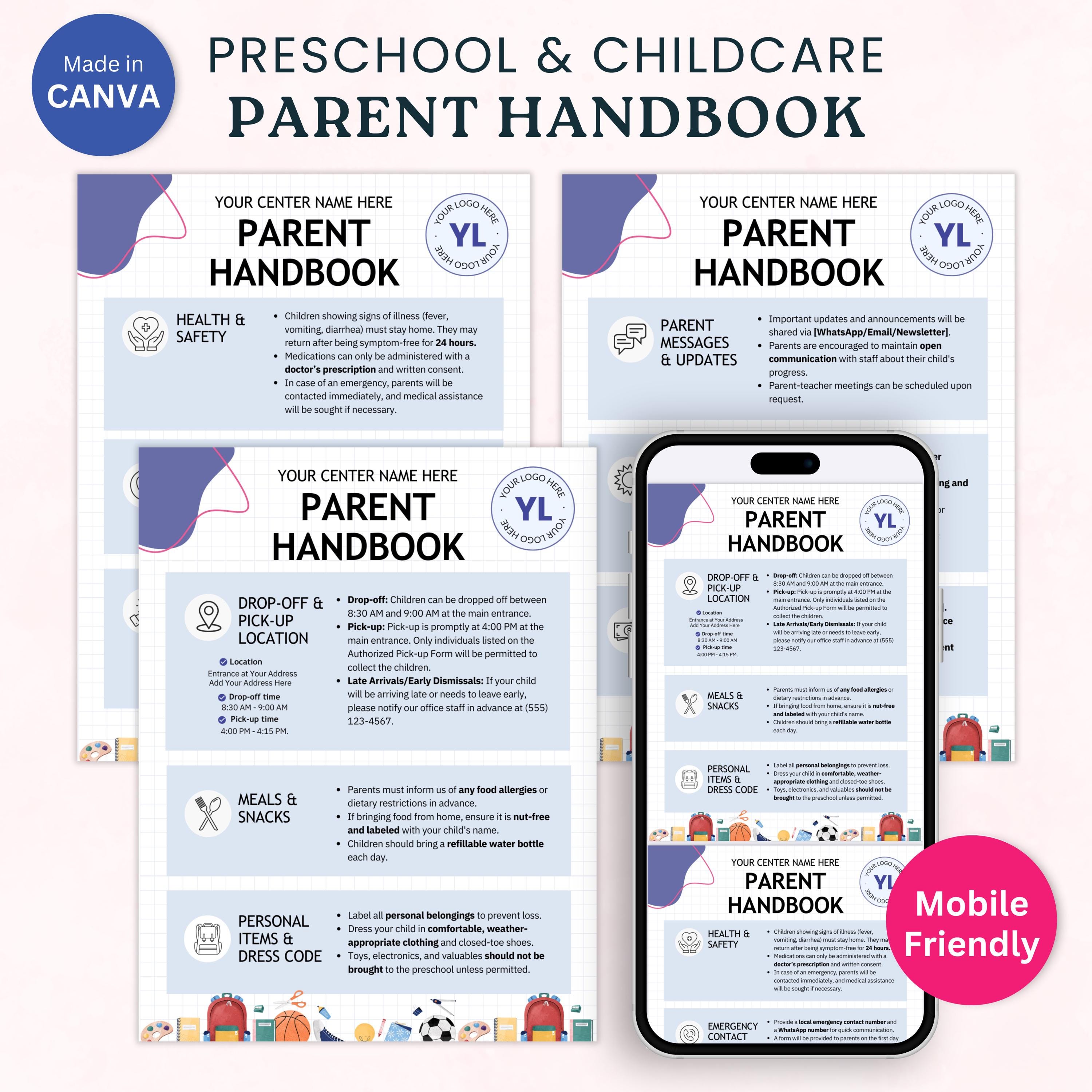 Vorschule für Eltern-Handbuchvorlage Bearbeitbare Kindertagesstätten-Richtlinien Canva-Vorlage Druckbare PDF-Bildung