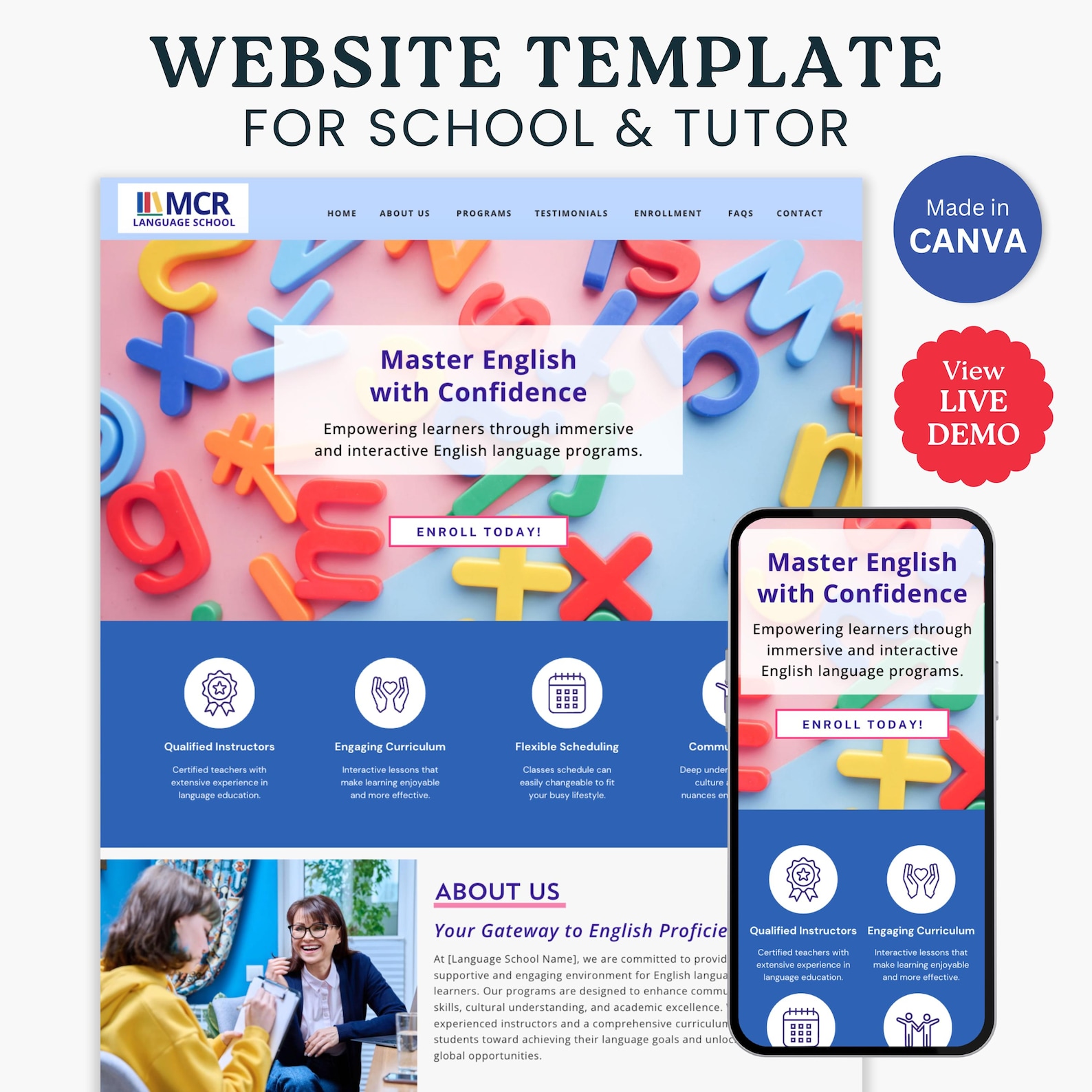 Website Template for School Tutor Language Center Website Canva