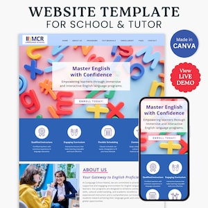 Könnte beinhalten: Website-Vorlage für eine Schule oder einen Tutor, der Englischkurse anbietet. Die Vorlage hat ein farbenfrohes Design mit rosa Hintergrund und bunten Buchstaben. Der Text "Master English with Confidence" wird in einem blauen Kasten angezeigt. Die Website enthält auch Informationen über qualifizierte Lehrkräfte, einen ansprechenden Lehrplan, flexible Zeitpläne und einen Aufruf zum Handeln, um sich noch heute anzumelden.