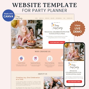 以下が含まれることがあります： ファンファクトリーというパーティー企画会社のウェブサイトテンプレートです。ウェブサイトはピンクと白のカラーテーマで、誕生日を祝う子供たちの画像が掲載されています。ウェブサイトのテキストには、「小さなお子様のための魔法のパーティー」と「今日パーティーを計画しましょう」と書いてあります。