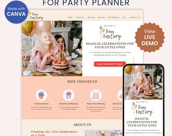 Website Template for Kids Party Planner Canva Website Event Planning Website Design Party Organizer Editable Landing Page Celebration Decor