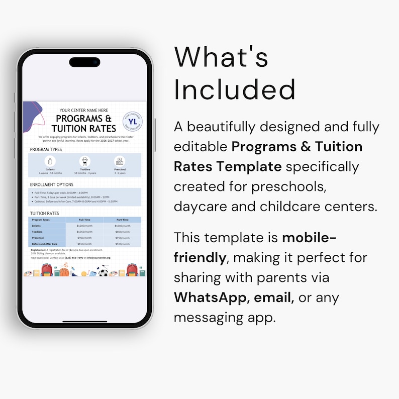 Daycare Programs & Tuition Rates Template Canva Editable Tuition Fees Info Sheet Childcare Price List Pre-K Pricing Info Mobile Friendly PDF