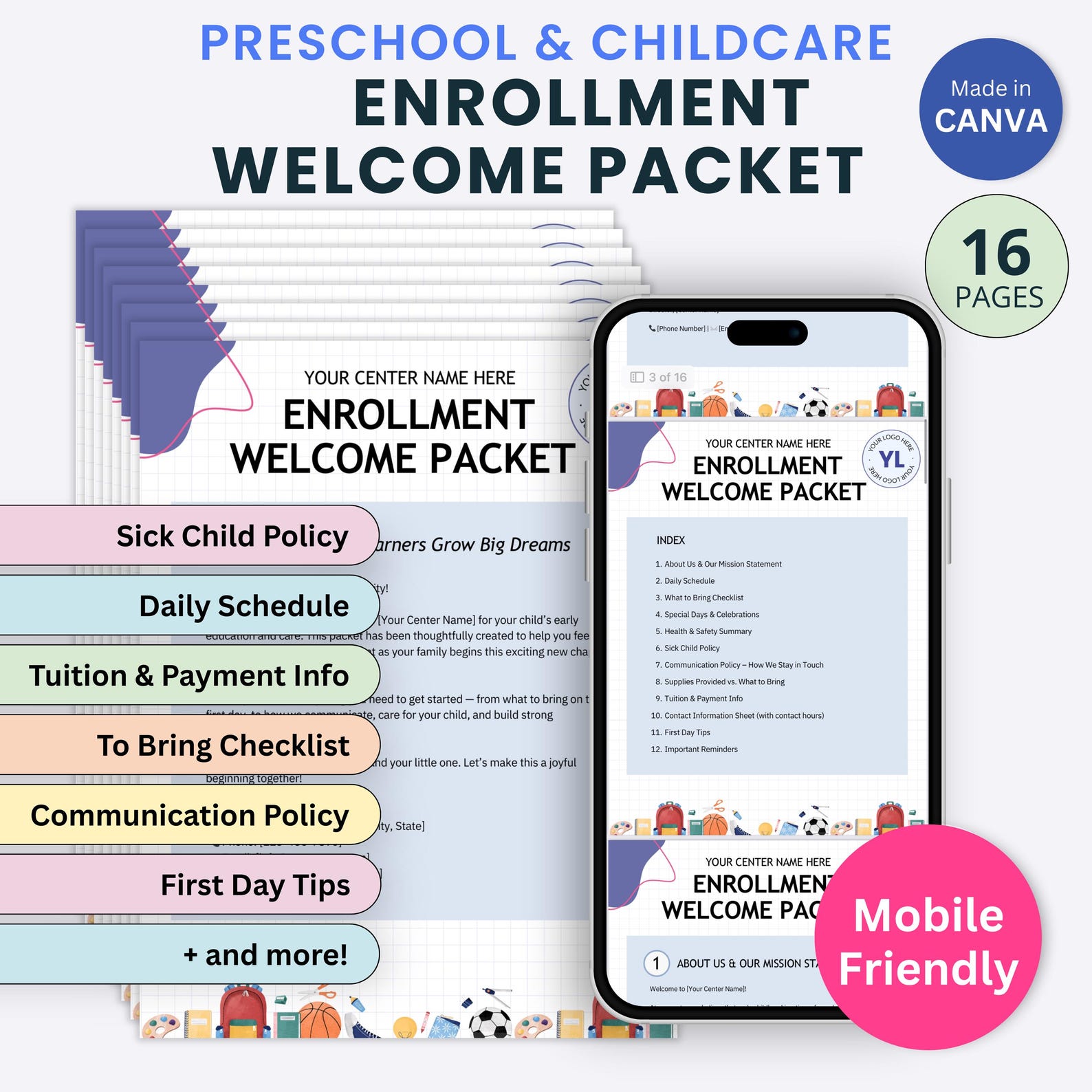 Enrollment Welcome Packet for Daycare Preschool Editable Childcare ...