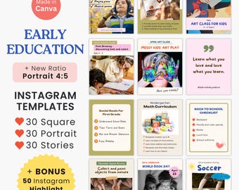 Plantilla Canva para publicaciones e historias de Instagram de educación temprana para niños, preescolar, redes sociales, Instagram, nuevo tamaño 4:5, jardín de infantes, escuela, Instagram