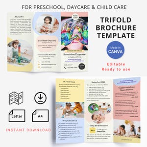 編集可能な幼稚園向け三つ折りパンフレット Canva テンプレート 学校保育チラシ テンプレート A4 レターサイズ 保育園 幼稚園 テンプレート