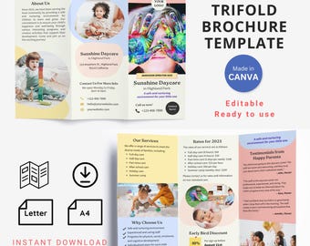 Brochura tríptica editável para pré-escola e creche - Modelo Canva - Modelo de folheto para escola infantil - Tamanho A4/Carta - Modelo para jardim de infância