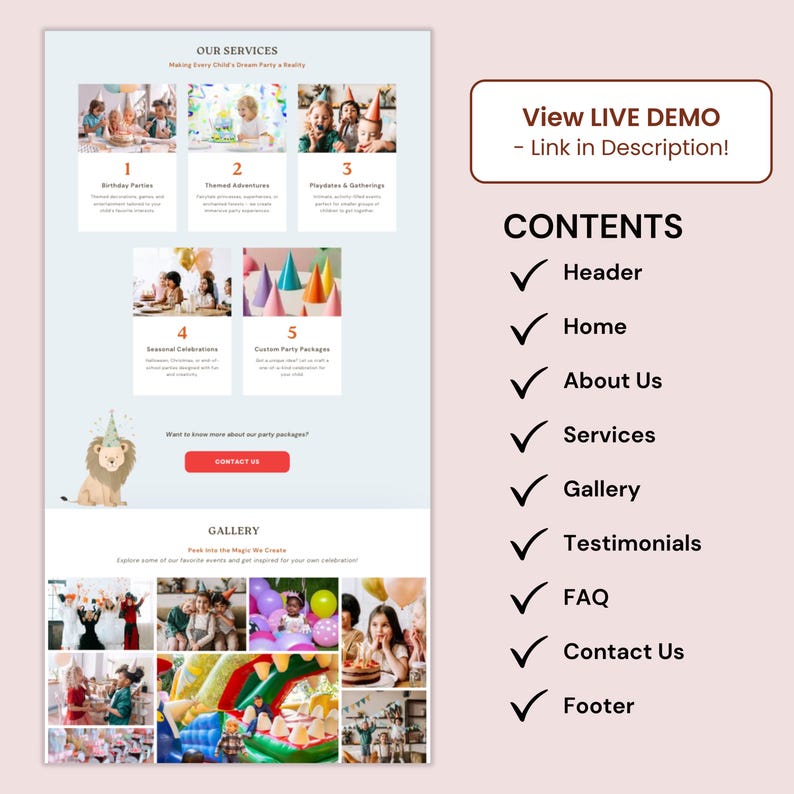 Website Template for Kids Party Planner Canva Website Event Planning