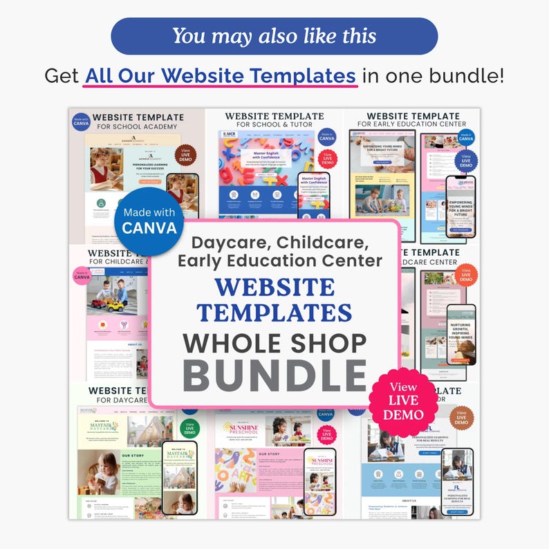 Canva Website Templates Whole Shop Bundle, featuring a collection of fully editable website designs for preschools, daycares, tutoring centers, and other childcare and education programs