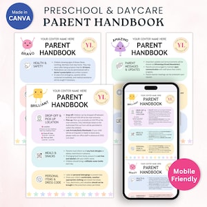 Op de afbeelding: Een kleurrijk, printbaar ouderhandboek voor de kleuterschool en de kinderopvang. De handleiding bevat informatie over gezondheid en veiligheid, procedures voor het ophalen en afzetten, maaltijden en snacks, persoonlijke spullen en kledingvoorschriften, berichten en updates voor ouders, en noodcontactgegevens. De handleiding is mobielvriendelijk en kan worden bekeken op een smartphone.