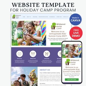 May include: Website template for a summer camp program called Wildwood Junior Camp. The website features a colorful design with images of children exploring nature. The text on the website says "Welcome to an Unforgettable Kids' Summer Camp 2027!" and "Fun, Learning, and Adventure Await Your Little Ones This Summer!"
