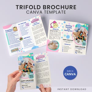Ulotka przedszkole Trifold Broszura marketingowa żłobka Projekt promocji żłobka Canva Edytowalna edukacja dzieci Zapisy Ulotka przedszkolna