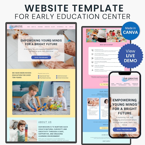 Kids Education Website Template for Preschool Website Design Kindergarten Landing Page Daycare Website Template Canva Early Education Center