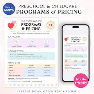Könnte beinhalten: Ein Flyer mit Programmen und Preisen für Vorschule und Kinderbetreuung. Er enthält Programmdetails für Säuglinge, Kleinkinder und Vorschulkinder mit Vollzeit- und Teilzeitoptionen. Eine mobilfreundliche Version wird auf einem Smartphone angezeigt.
