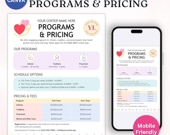 Plantilla de programas y precios de cuidado infantil (Canva), hoja informativa sobre matrícula preescolar, lista de precios editable para preescolar, servicios de guardería y tarifas opcionales (PDF)