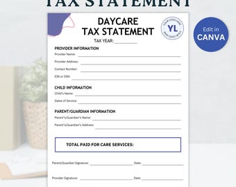 Plantilla de declaración de impuestos de guardería. Recibo de impuestos de guardería. Plantilla de Canva editable. Registro de matrícula preescolar. Declaración de impuestos de guardería imprimible.