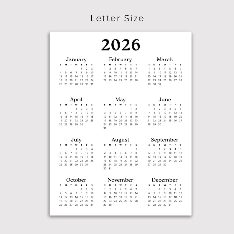2026 Yearly Calendar 2026 Wall Calendar Planner Printable PDF Download