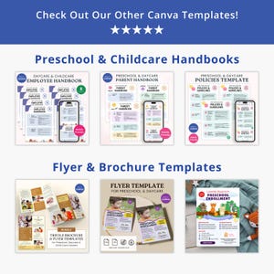 K&ouml;nnte beinhalten: Werbebild mit Canva-Vorlagen f&uuml;r Vorschule und Kinderbetreuung. Das Bild zeigt Handb&uuml;cher, Flyer-Vorlagen und Brosch&uuml;renvorlagen. Der Text enth&auml;lt "Employee Handbook", "Parent Handbook" und "Policies Template".