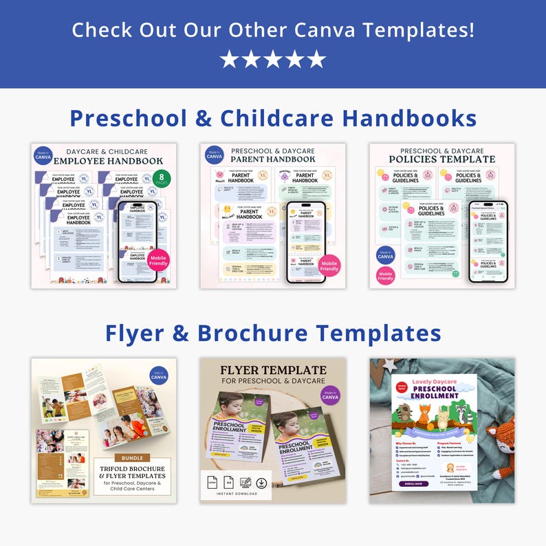 K&ouml;nnte beinhalten: Werbebild mit Canva-Vorlagen f&uuml;r Vorschule und Kinderbetreuung. Das Bild zeigt Handb&uuml;cher, Flyer-Vorlagen und Brosch&uuml;renvorlagen. Der Text enth&auml;lt "Employee Handbook", "Parent Handbook" und "Policies Template".