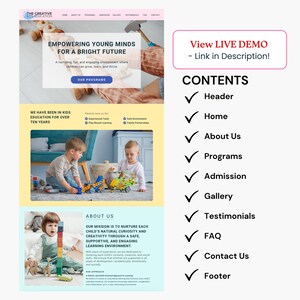 May include: Website screenshot for The Creative Education, a children's learning center. The website features a bright yellow background with a photo of two children playing with toy construction vehicles. The website text highlights the center's mission to nurture each child's natural curiosity and creativity through a safe, supportive, and engaging learning environment. The website also lists the center's programs, admission process, gallery, testimonials, FAQ, contact information, and footer.