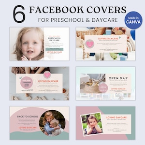 May include: Six Facebook cover templates for preschool and daycare. The covers feature a pink and blue color scheme with images of children and text that says "Loving Daycare" and "Preschool Daycare".