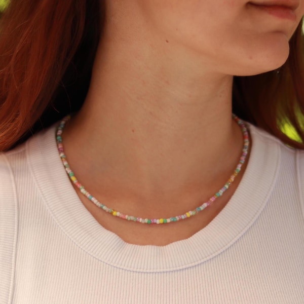 Collar de cuentas hecho a mano | Colores pastel | Colorido | Acero inoxidable | Hecho a mano | Algodón de azúcar