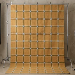 May include: A large rectangular photography backdrop featuring a mustard yellow base with a grid pattern of thin white and olive green lines. The fabric is suspended from a metal stand by silver clips, creating a flat surface for studio photography.