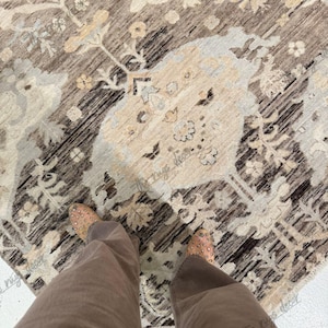 Distressed Oushak Hand Knotted Wool Rug Brown Beige Botanical Medallion Pattern Handmade Wool Area Rug Neutral Living Room Bedroom Decor Rug