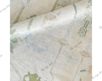 Hand-Knotted Ivory Oushak Rug | Soft Pastel Wool Carpet | Green & Blue Turkish Floral Design | 6x9 Turkish Area Rug | Neutral Decor Area Rug