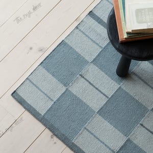 Handwoven Wool Flatweave Rug: Blue Checkered Scandinavian Carpet