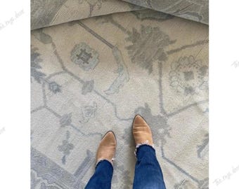 Hand-Knotted Ivory Oushak Rug | Wool Light Grey & Blue Vintage Style Carpet Turkish Soft Floral Area Rug 6x9 Neutral Living Room Decor Rugs