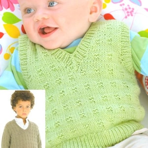 Textured Slipover Vest Tank Top V Neck  Sweater Boys Girls 16 -26&quot; 0-7 Years ~ DK 8 Ply Light Worsted Knitting Pattern pdf Instant Download