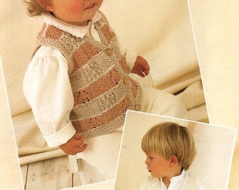 Childrens Patchwork Textured Waistcoat Striped & Plain Leaf Bobble Diamond  20-30"  DK 8 Ply Light Worsted Knitting Pattern pdf  Download