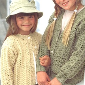 Girls Lacy Cardigan Jacket V & Round Neck  22-30&quot; (1- 10 years) ~ DK Wool 8ply Light Worsted Knitting Pattern pdf Instant Download